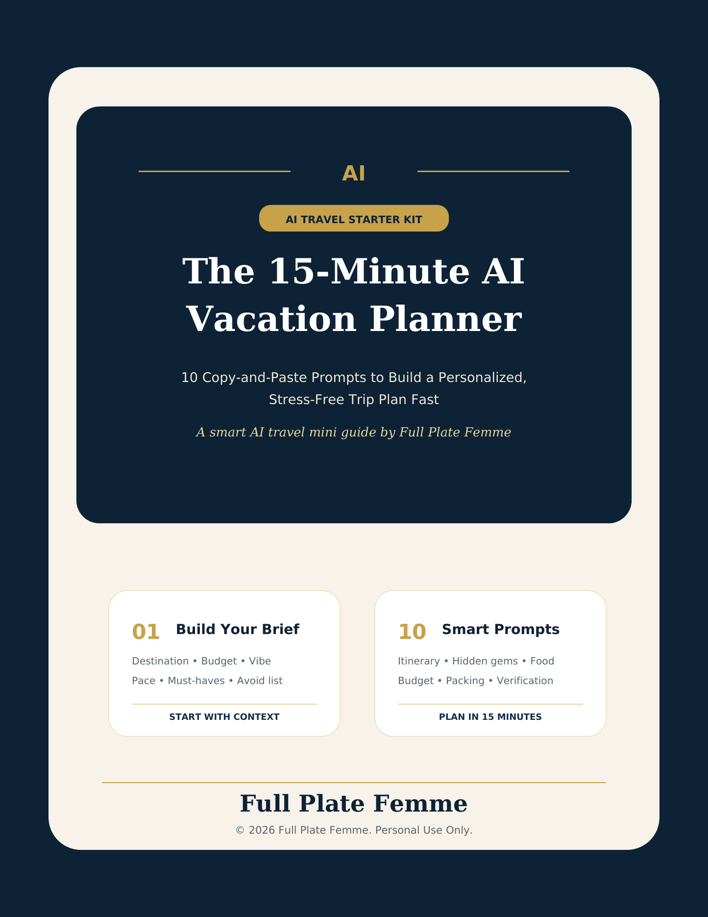 The 15-Minute AI Vacation Planner digital PDF cover by Full Plate Femme