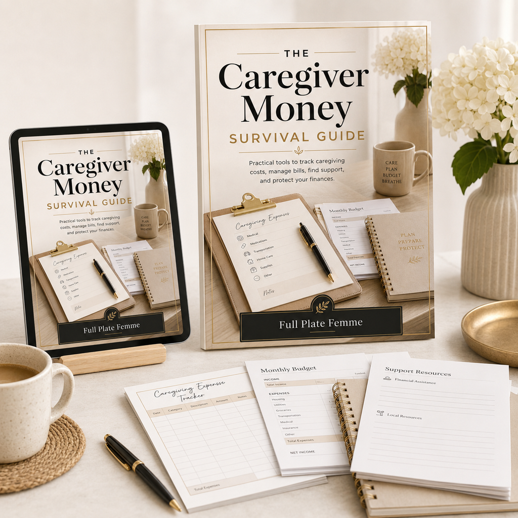 The Caregiver Money Survival Guide digital PDF mockup by Full Plate Femme
